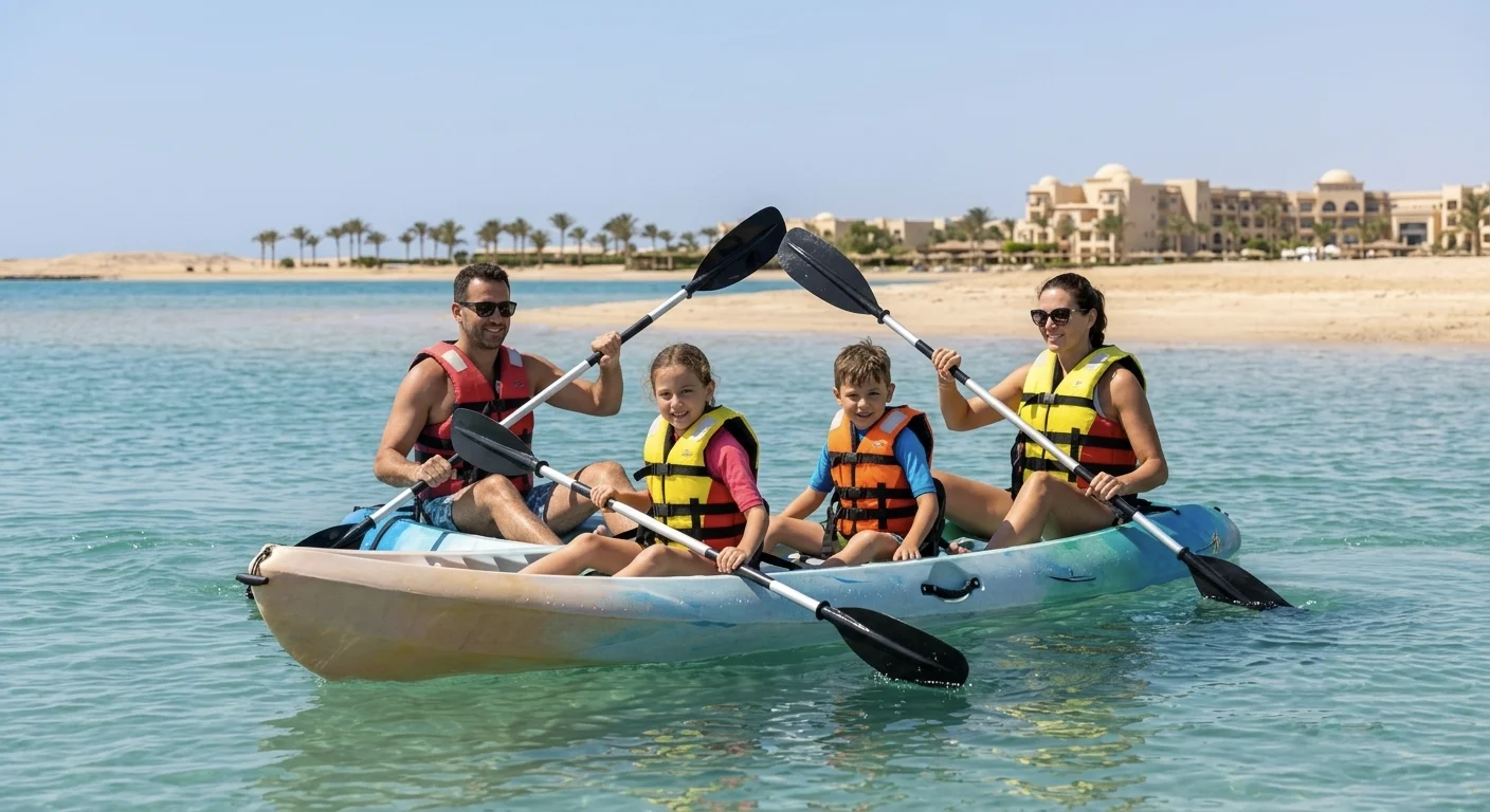 Familie beim Kajakfahren im türkisfarbenen Wasser vor der Strandpromenade von El Gouna.