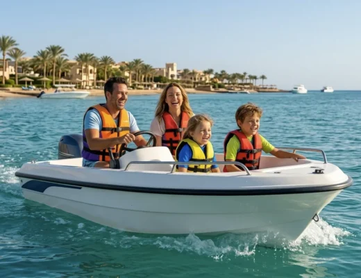 Familie f&auml;hrt mit Motorboot vor der K&uuml;ste von El Gouna