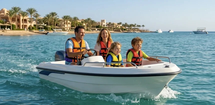 Familie fährt mit Motorboot vor der Küste von El Gouna