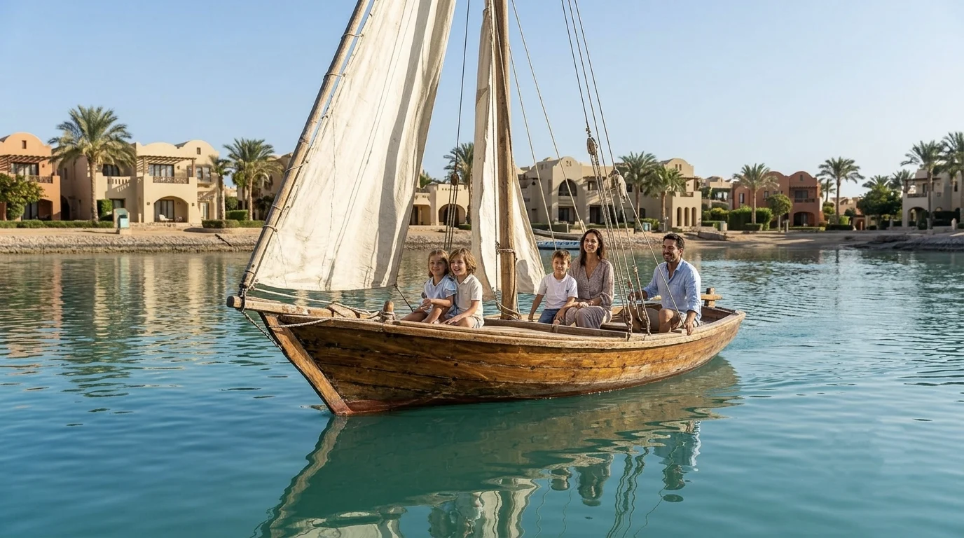 Familie segelt mit traditionellem Holzboot durch die Lagune von El Gouna