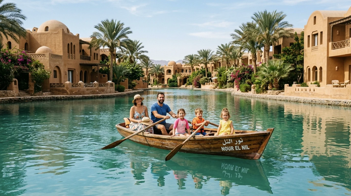 Familie fährt mit dem Ruderboot durch die Lagune von El Gouna zwischen orientalischen Häusern.