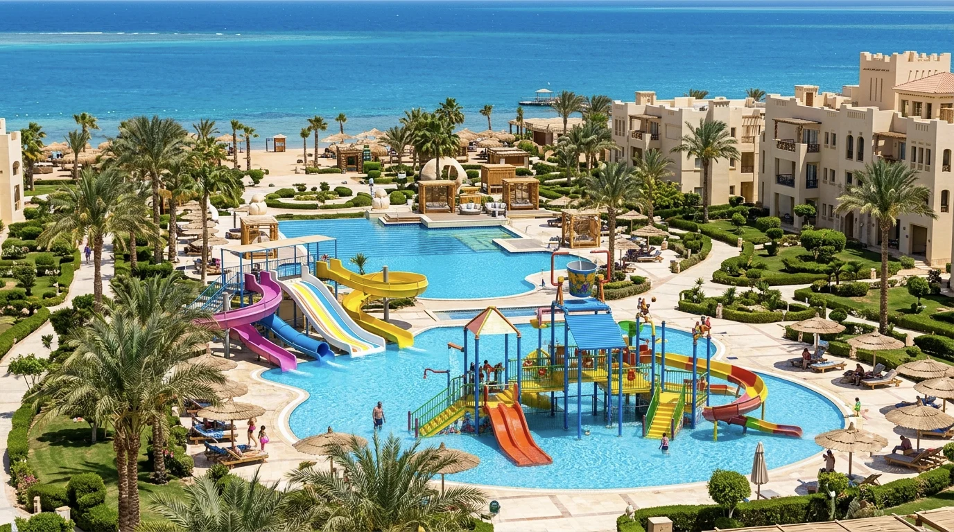 Familienhotel in Sahl Hasheesh mit Wasserpark, Pool und Meerblick