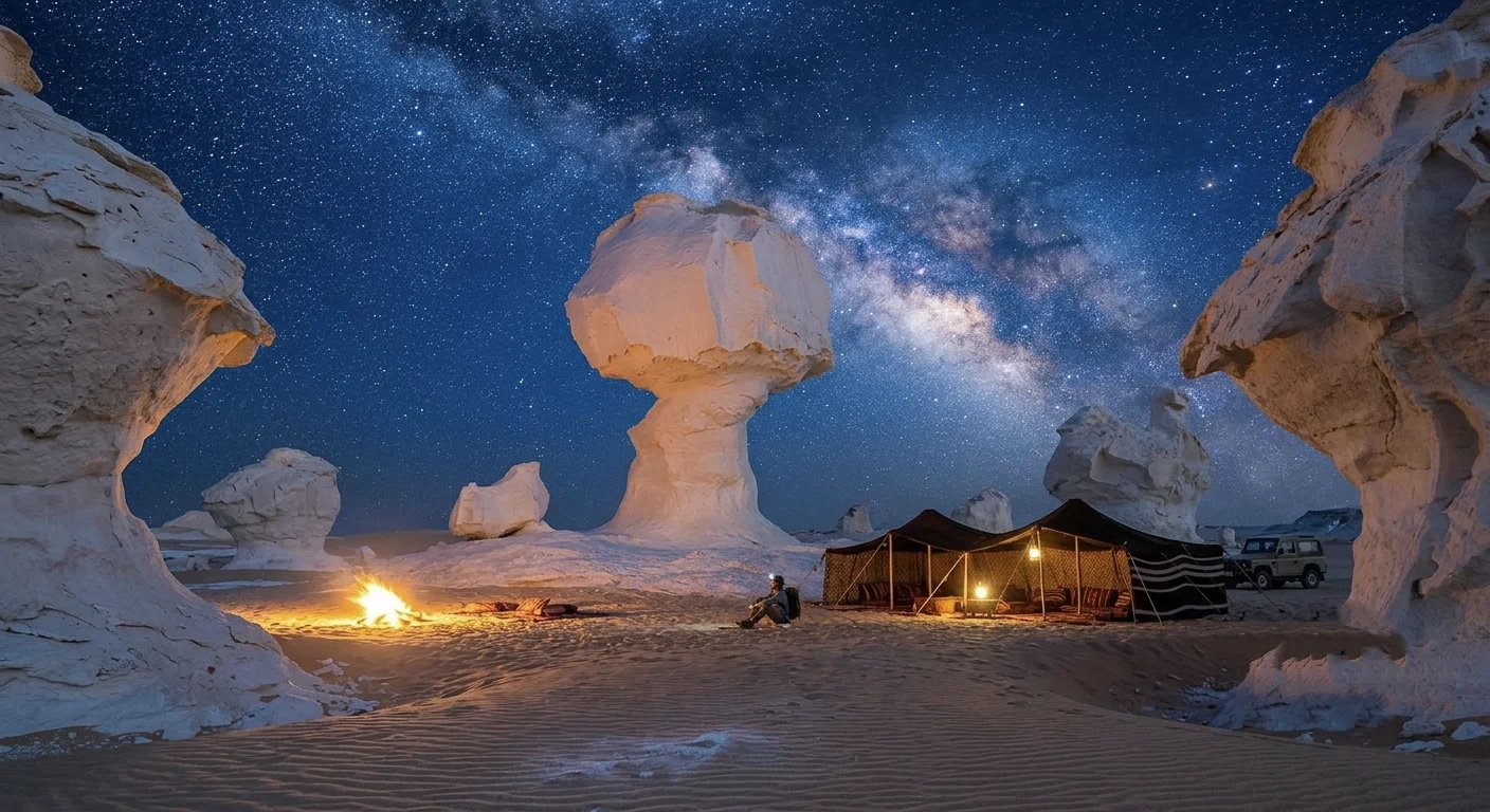 Sternenhimmel &uuml;ber der Wei&szlig;en W&uuml;ste in &Auml;gypten mit Kalksteinformationen und Beduinenzelt bei Nacht