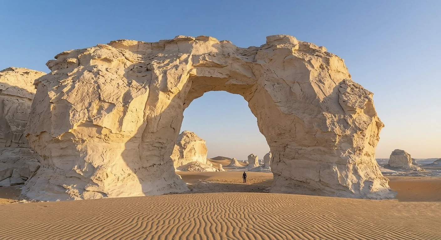 Nat&uuml;rlicher Felsbogen aus Kalkstein in der Wei&szlig;en W&uuml;ste &Auml;gyptens bei Sonnenuntergang