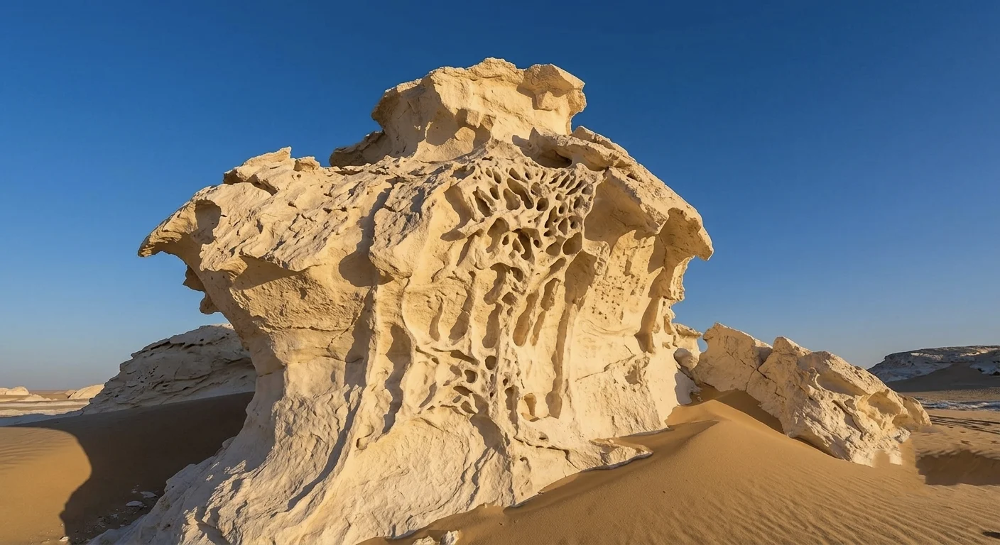 Erodierte Kalksteinformation in der Wei&szlig;en W&uuml;ste &Auml;gyptens vor klarem blauem Himmel.